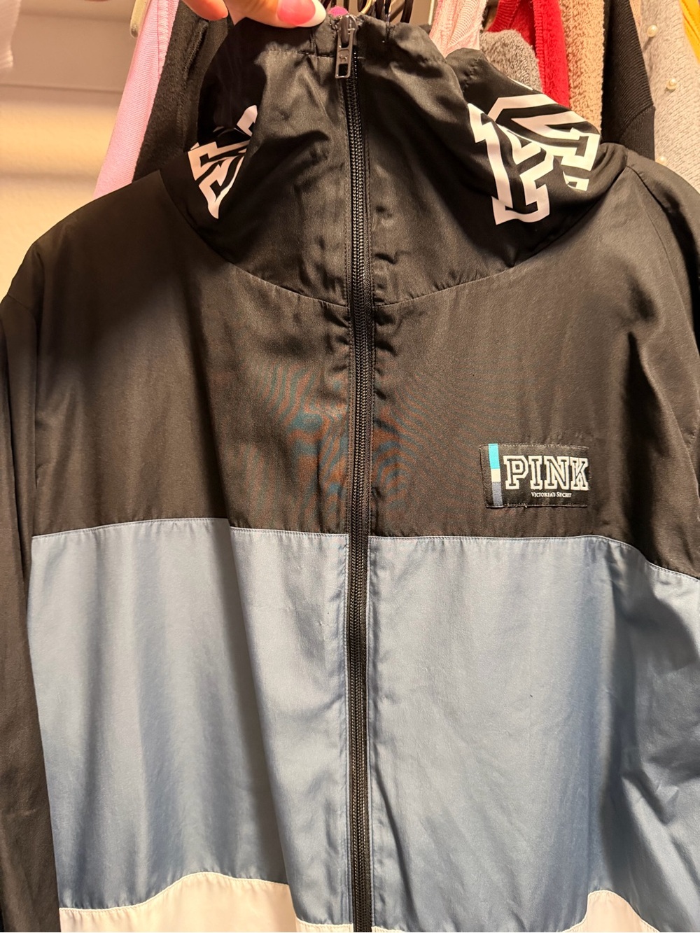 PINK Victoria's Secret Girls Colorblock Rain Jacket - Black, Light Blue, White